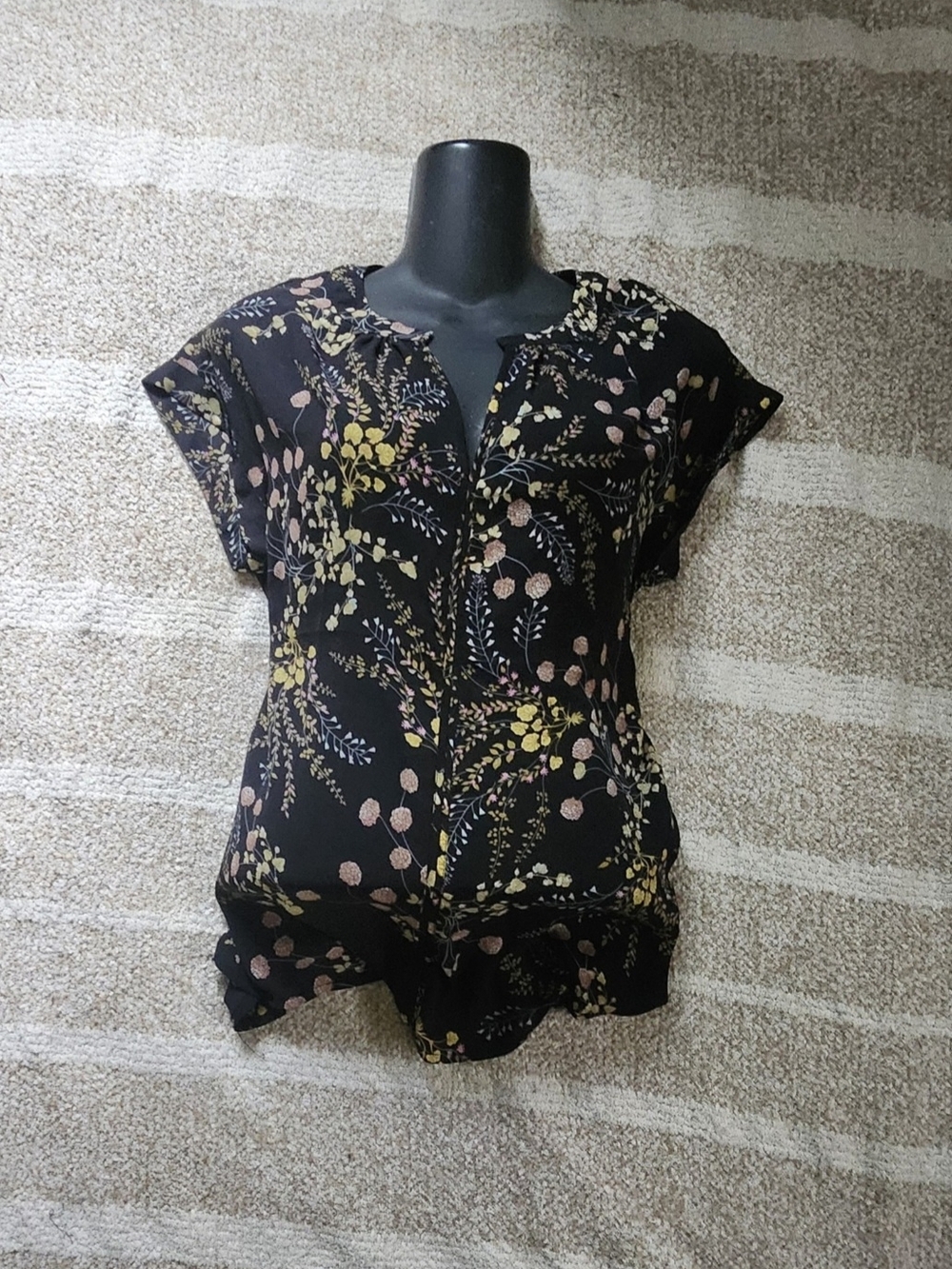 Philosophy Black Floral Short Sleeve Blouse with Pink & Yellow Accents